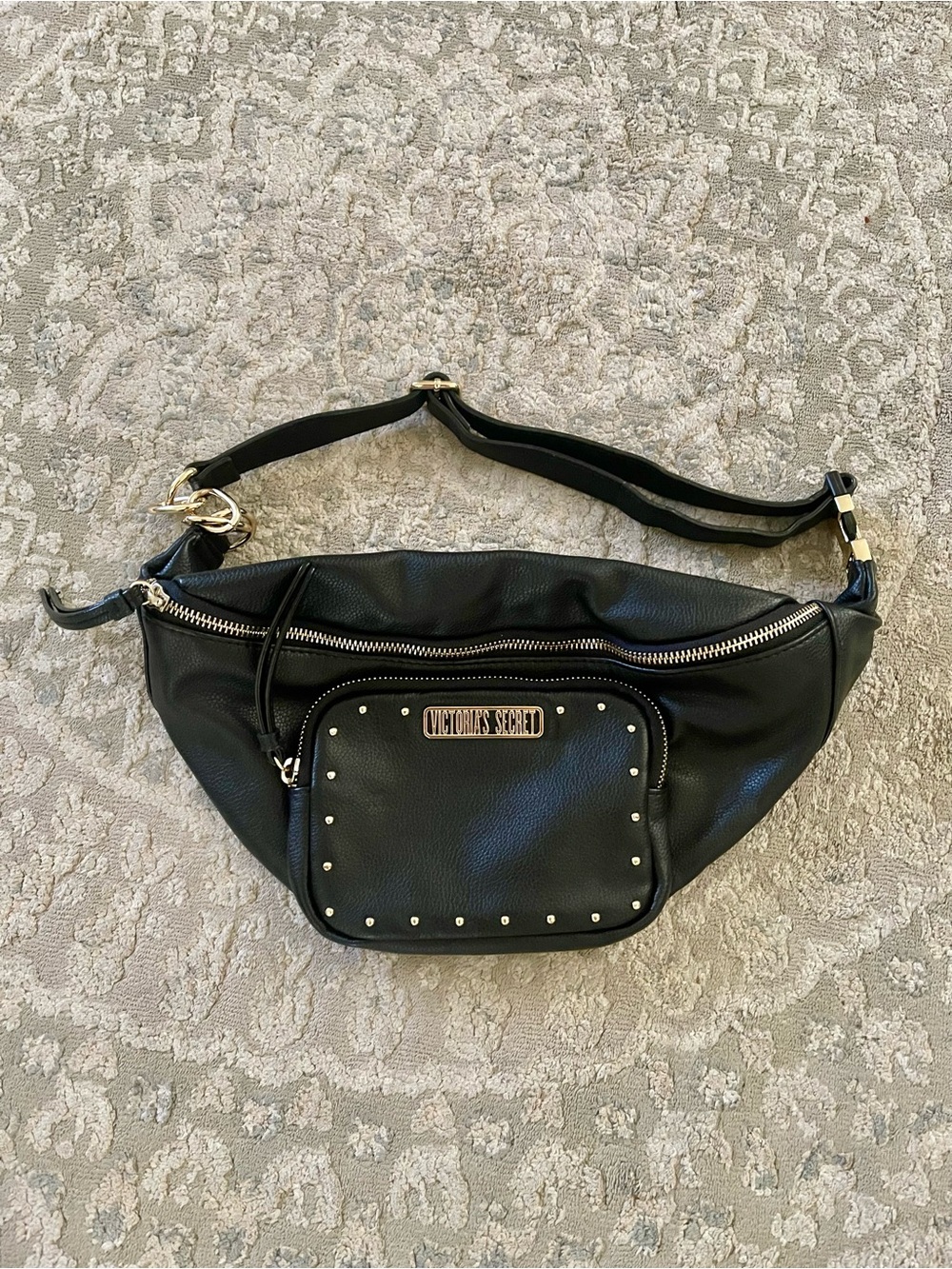 Victoria's Secret Black Faux Leather Crossbody Waist Bag with Gold Hardware